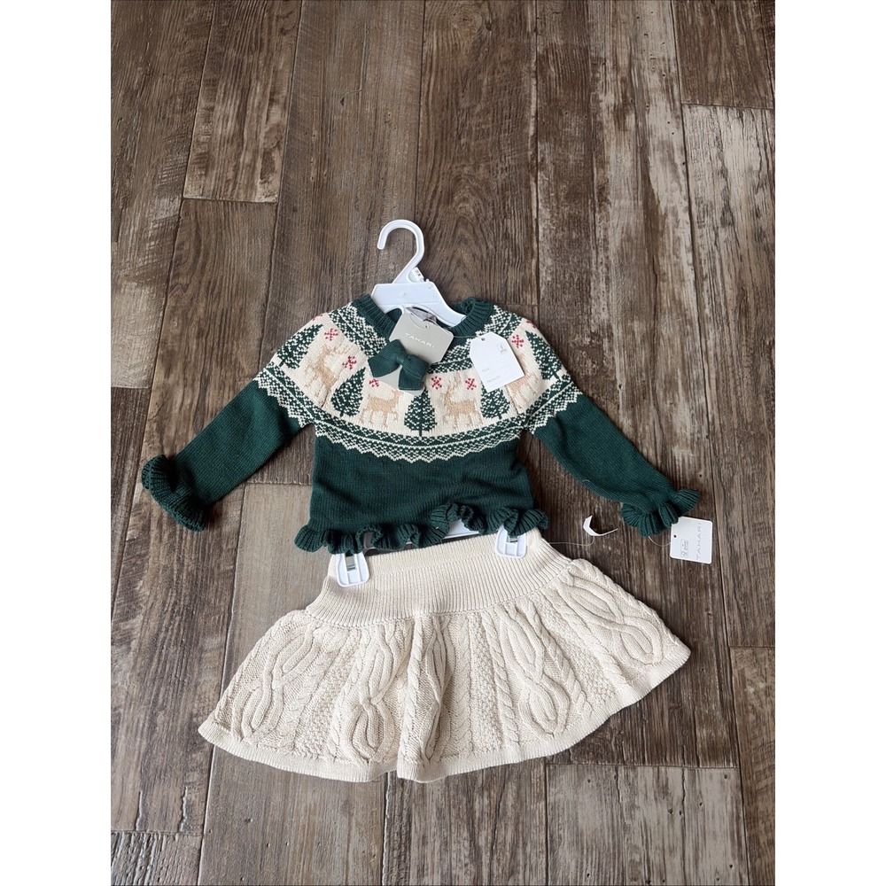 Tahari Baby Girl Christmas Holiday Knit Sweater and Skirt Set 12 Months Reindeer